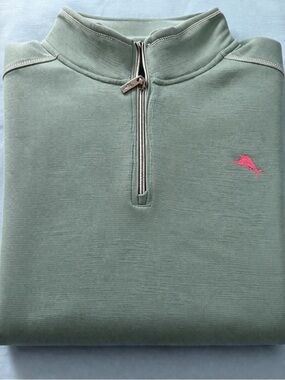 Tommy Bahama Sage Green Half-Zip Pullover with Pink Marlin
